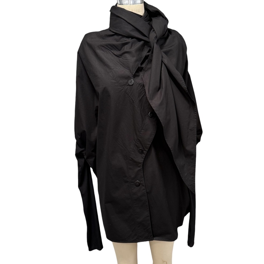 Burcu Aslan Black Top Avant Garde Asymmetrical Scarf Collar Button Front Size XL